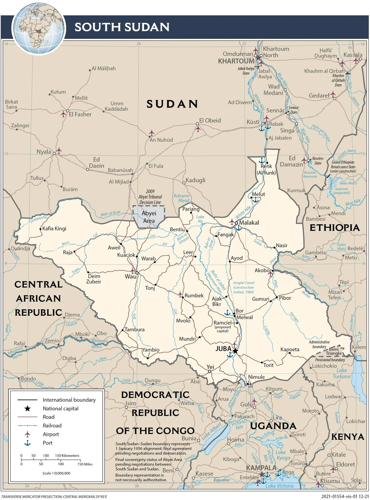 Mapa de transporte de Sudán del Sur con carreteras, aeropuertos, Juba, Wau, Malakal, Bor, Rumbek, Yei, Nimule, Uganda, Kenia, Etiopía y Sudán