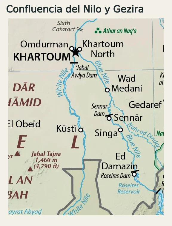 Detalle físico de la confluencia del Nilo Azul y el Nilo Blanco con Jartum, Omdurmán, Khartoum North, Wad Medani, Sennar, Kusti, Singa y Ed Damazin