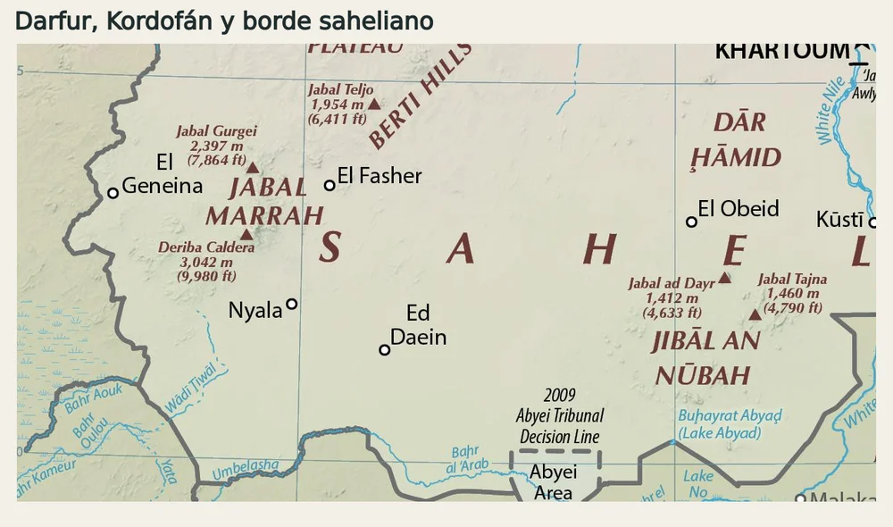 Detalle físico de Darfur y Kordofán con Jebel Marra, El Geneina, El Fasher, Nyala, Ed Daein, El Obeid, Jibal an Nubah y Abyei