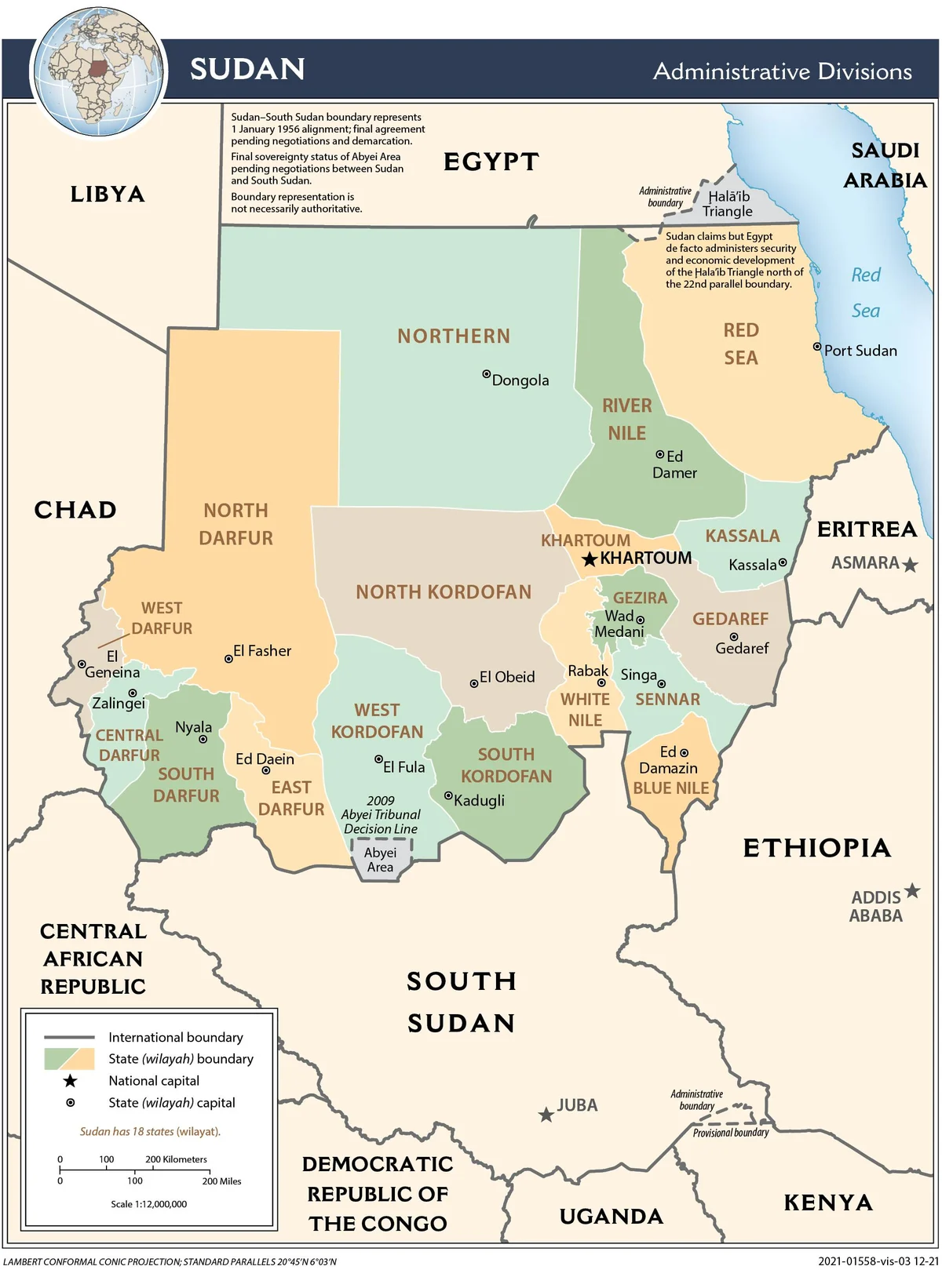 Mapa administrativo de Sudán con sus estados, Jartum, Darfur, Kordofán, Nilo, Mar Rojo, Gezira, Kassala, Sennar, Nilo Azul y países vecinos