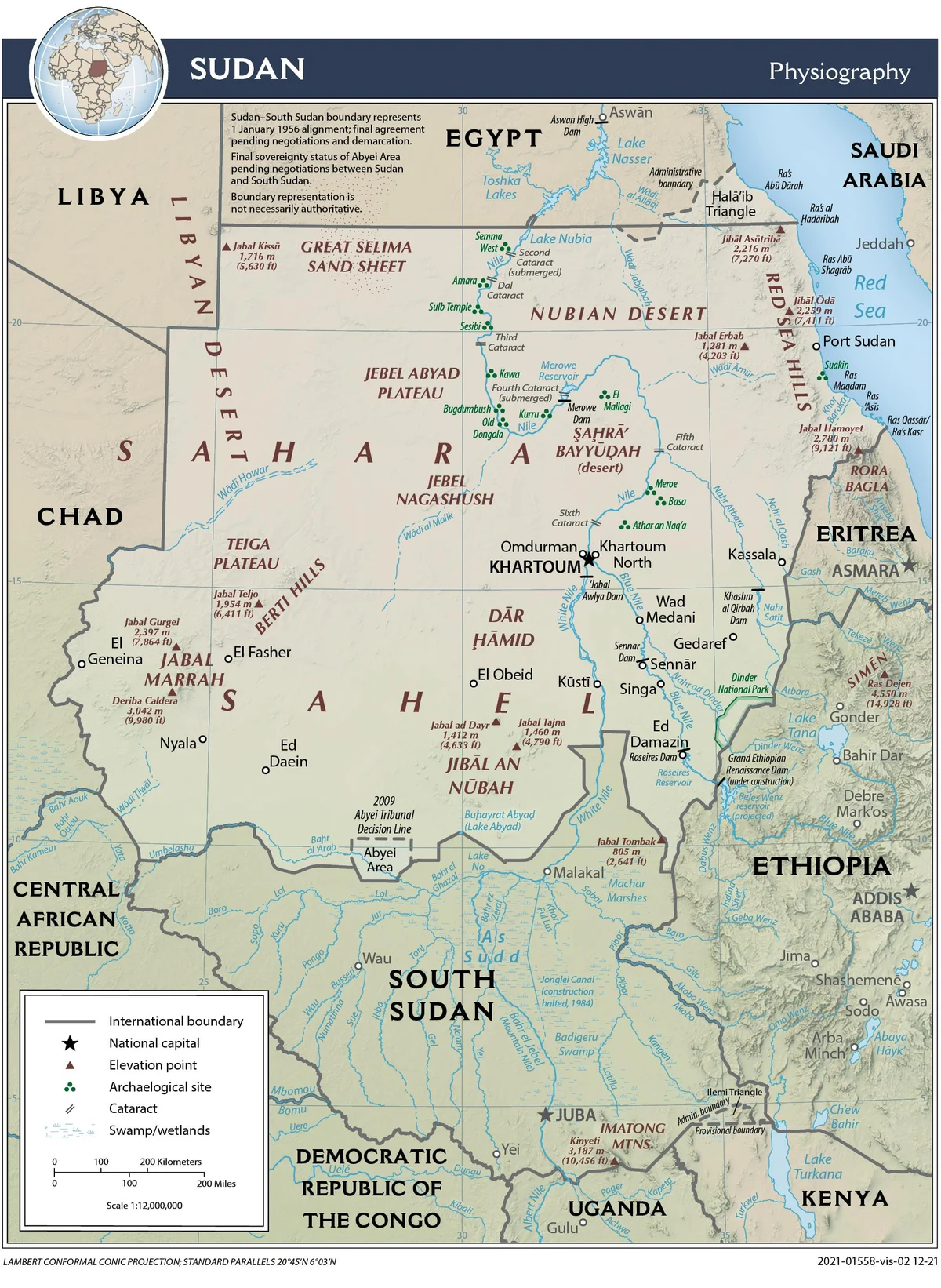 Mapa físico de Sudán con el Nilo, Nilo Azul, Nilo Blanco, desierto de Nubia, desierto de Libia, mar Rojo, Darfur, Jebel Marra y Jartum