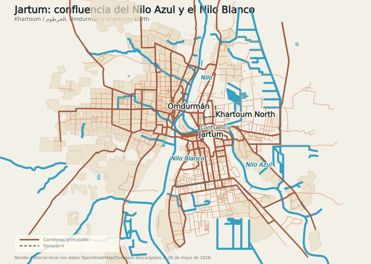 Mapa urbano de Jartum con Omdurmán, Khartoum North, el Nilo Azul, el Nilo Blanco, la confluencia y los principales ejes viarios