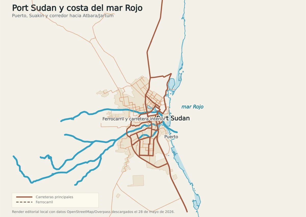 Mapa de Port Sudan en la costa del mar Rojo con puerto, carretera, ferrocarril y relieve costero oriental