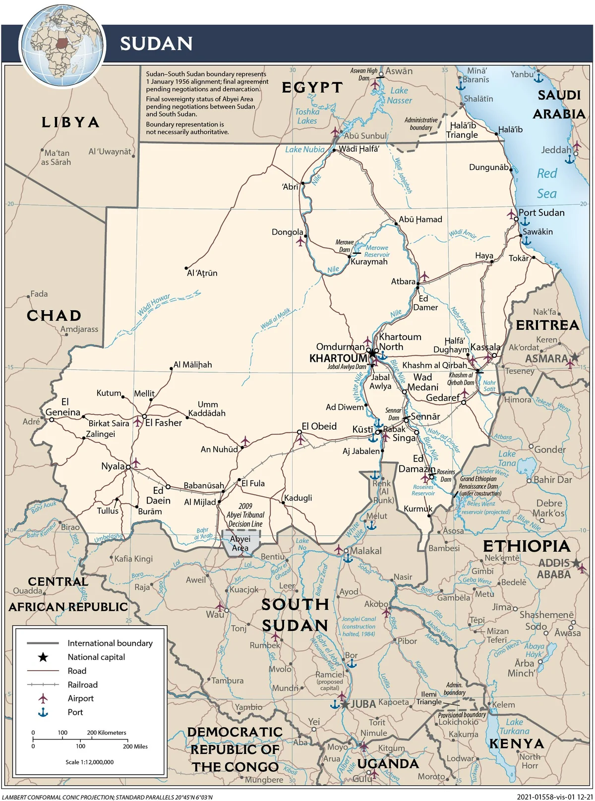 Mapa de transporte de Sudán con carreteras, ferrocarril, aeropuertos, Port Sudan, Suakin, Jartum, Atbara, Wad Medani, Sennar, El Obeid y El Fasher