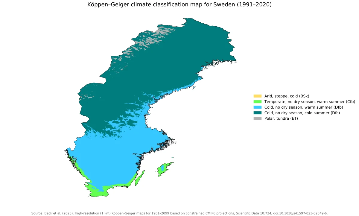 Mapa de Suecia con clasificación climática Köppen-Geiger 1991-2020 y leyenda en inglés