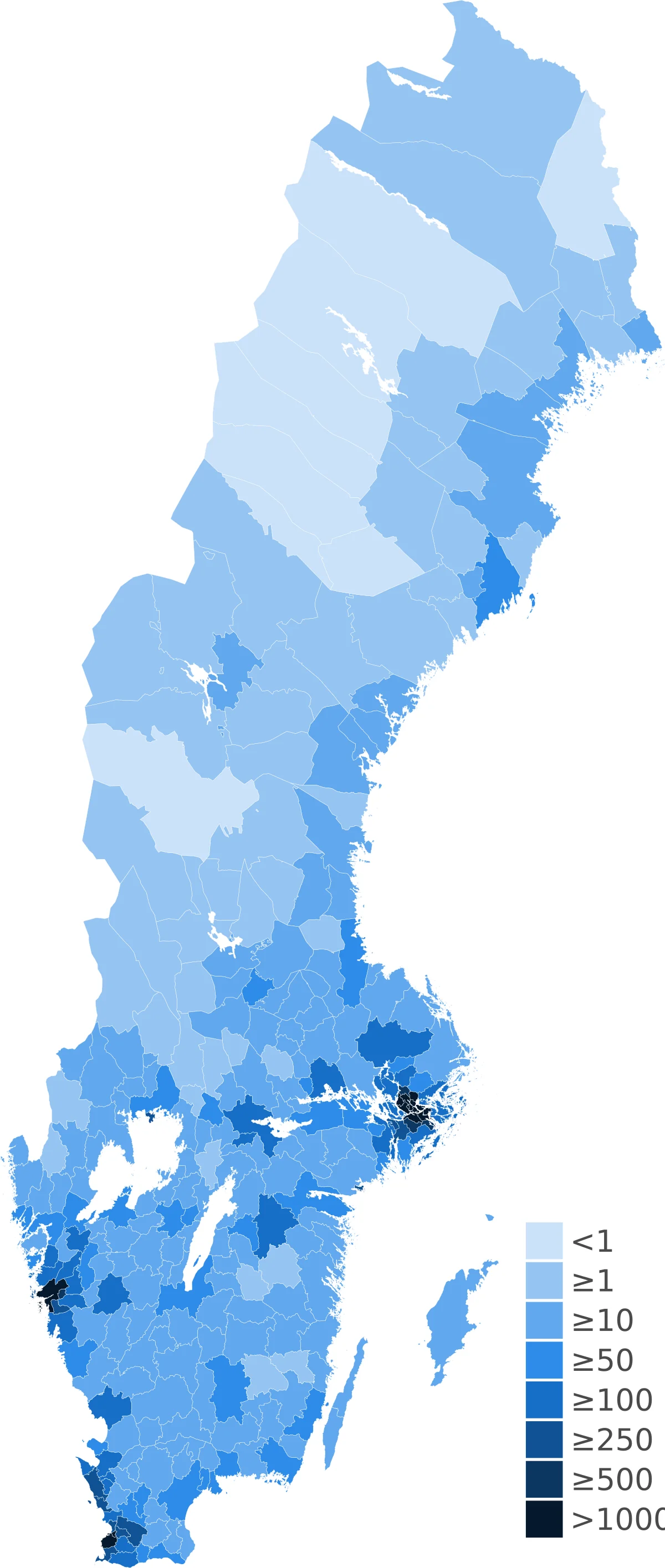 Mapa de densidad de población de Suecia por municipio con datos de 31 de diciembre de 2023