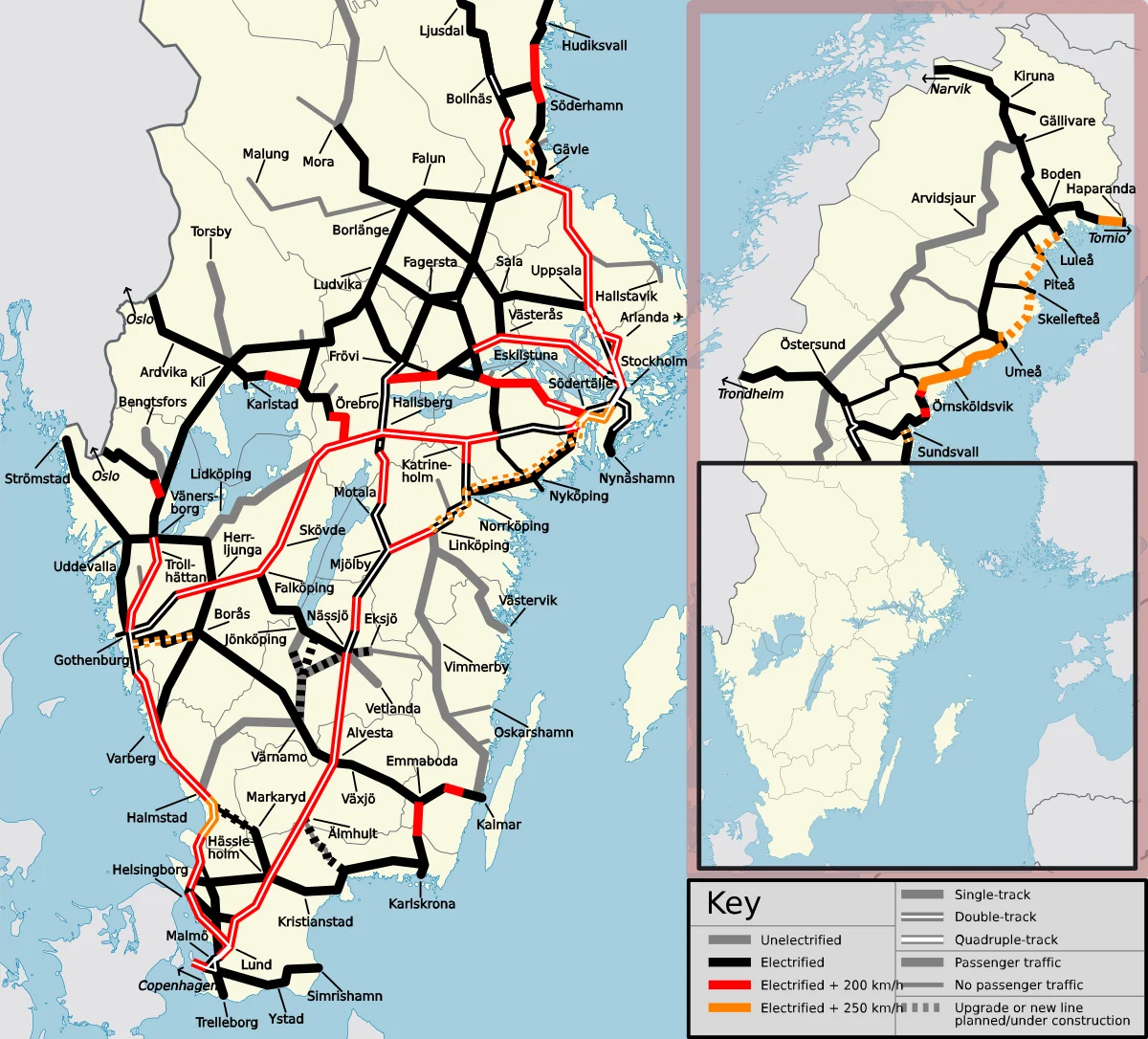 Mapa ferroviario de Suecia con líneas electrificadas, doble vía, tráfico de pasajeros, alta velocidad, mejoras y obras planificadas