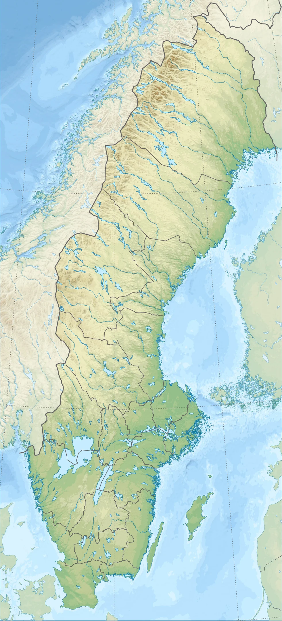 Mapa físico de Suecia con relieve, montañas escandinavas, ríos, lagos Vänern y Vättern, costas del Báltico y golfo de Botnia