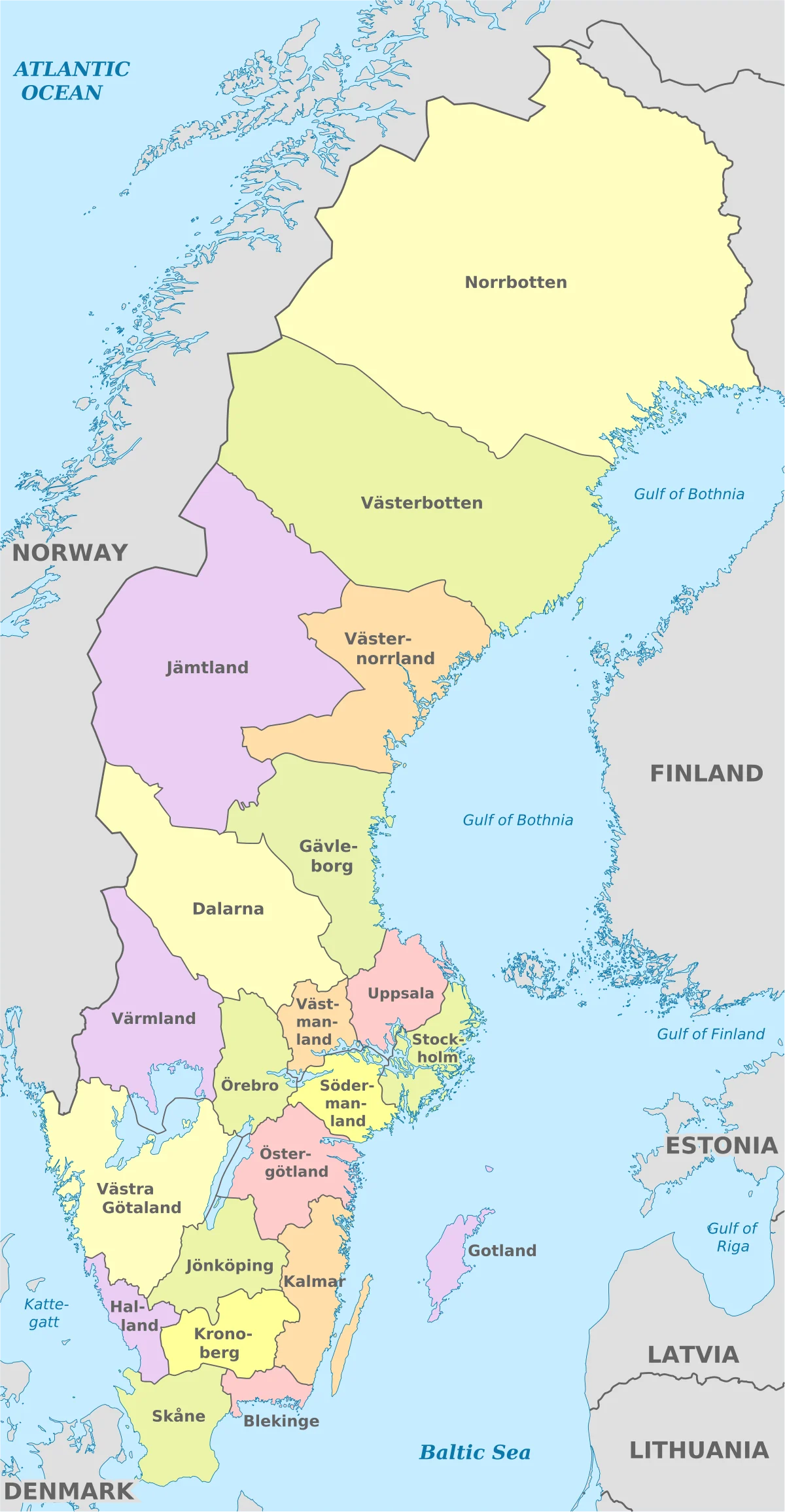 Mapa administrativo de Suecia con los 21 län o condados, países vecinos, mar Báltico, golfo de Botnia y golfo de Finlandia