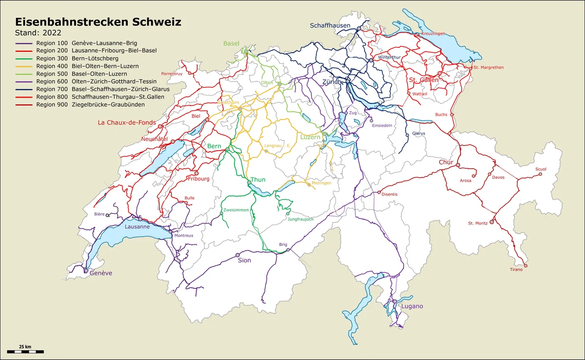 Mapa ferroviario de Suiza con líneas por regiones y ciudades principales