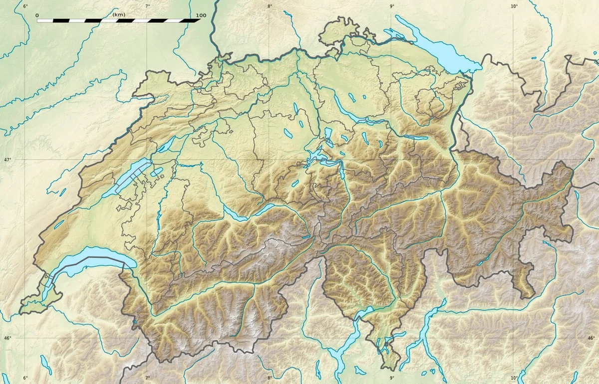Mapa físico de Suiza con relieve, Alpes, Jura, ríos, lagos y fronteras