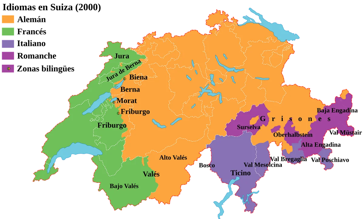 Mapa de Suiza en español con zonas de idioma alemán, francés, italiano, romanche y bilingües