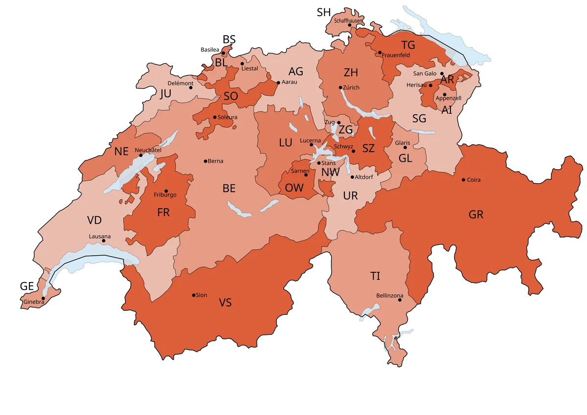 Mapa político de Suiza en español con cantones, abreviaturas y capitales cantonales