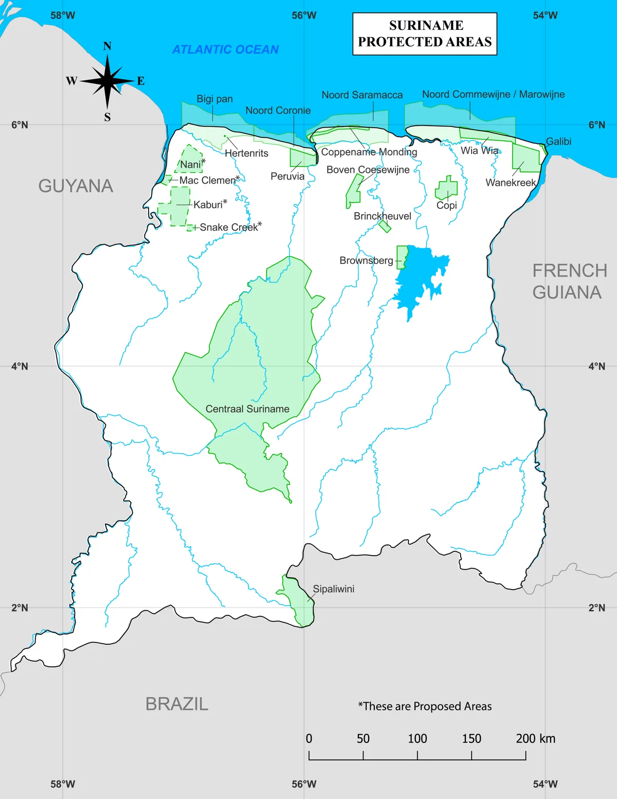 Mapa de áreas protegidas de Surinam con Centraal Suriname, Galibi, Brownsberg, Bigi Pan, Coppename Monding, Wia Wia y reservas costeras