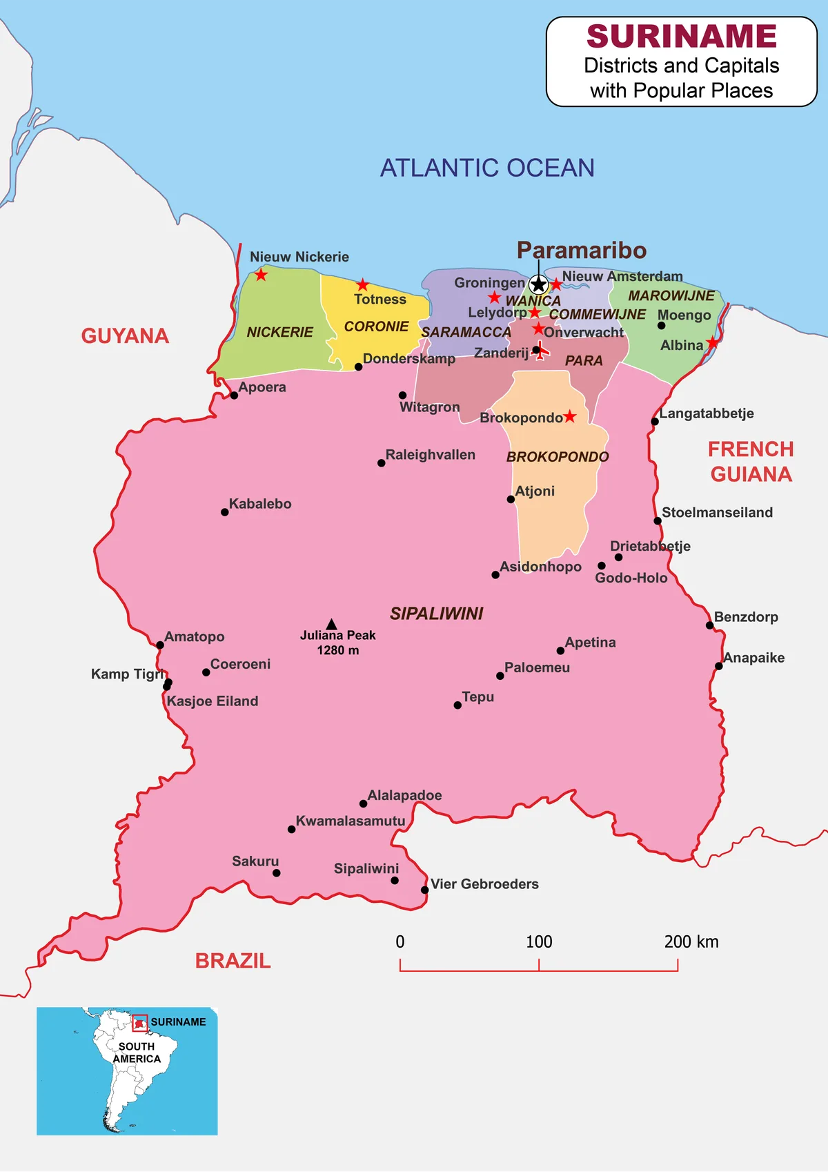 Mapa de Surinam con distritos, capitales y lugares principales como Paramaribo, Nieuw Nickerie, Totness, Groningen, Lelydorp, Albina, Brokopondo y Sipaliwini