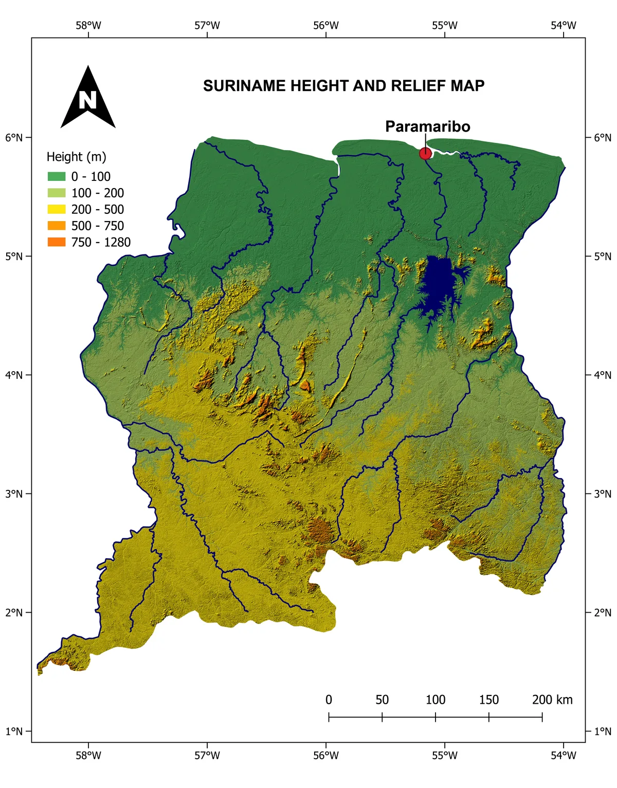 Mapa físico de Surinam con relieve, ríos, embalse de Brokopondo, Paramaribo y escala de alturas hasta 1280 metros