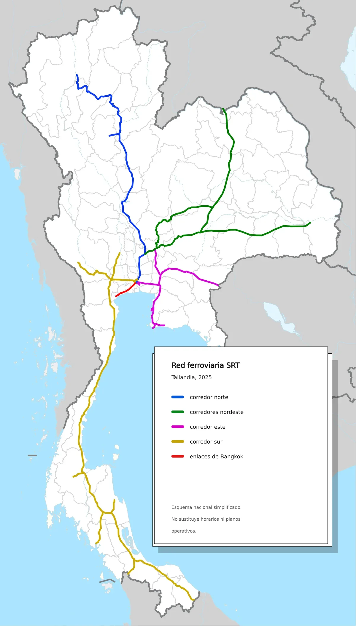Mapa ferroviario de Tailandia con corredores SRT hacia el norte, nordeste, este, sur y enlaces de Bangkok