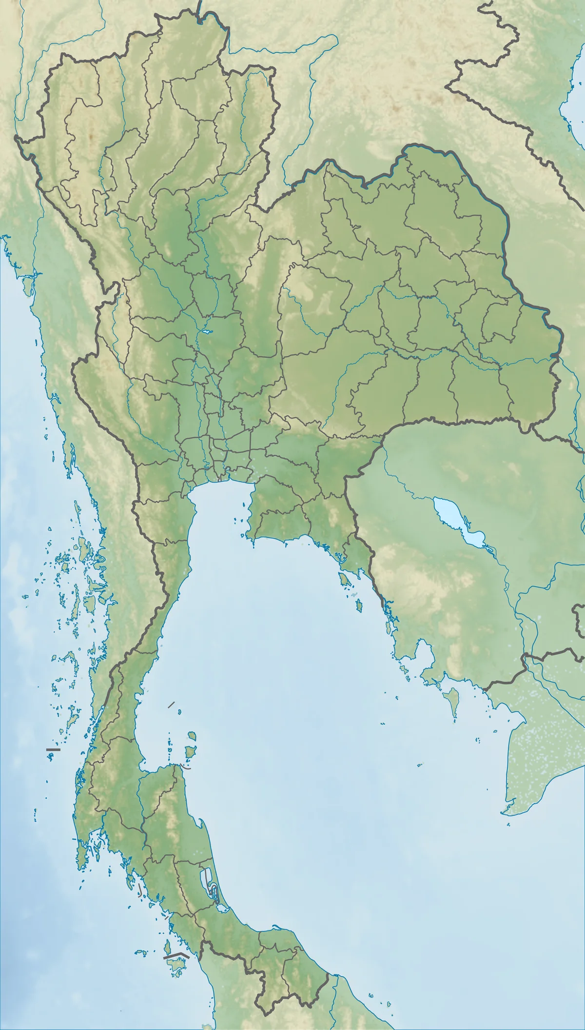 Mapa físico de Tailandia con relieve, ríos, costas, golfo de Tailandia y mar de Andamán