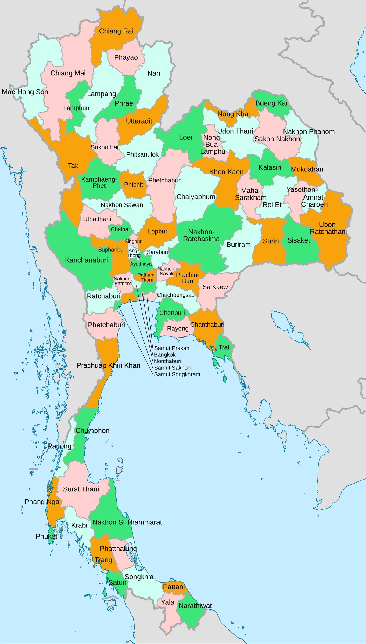 Mapa de Tailandia con Bangkok y las provincias rotuladas en inglés