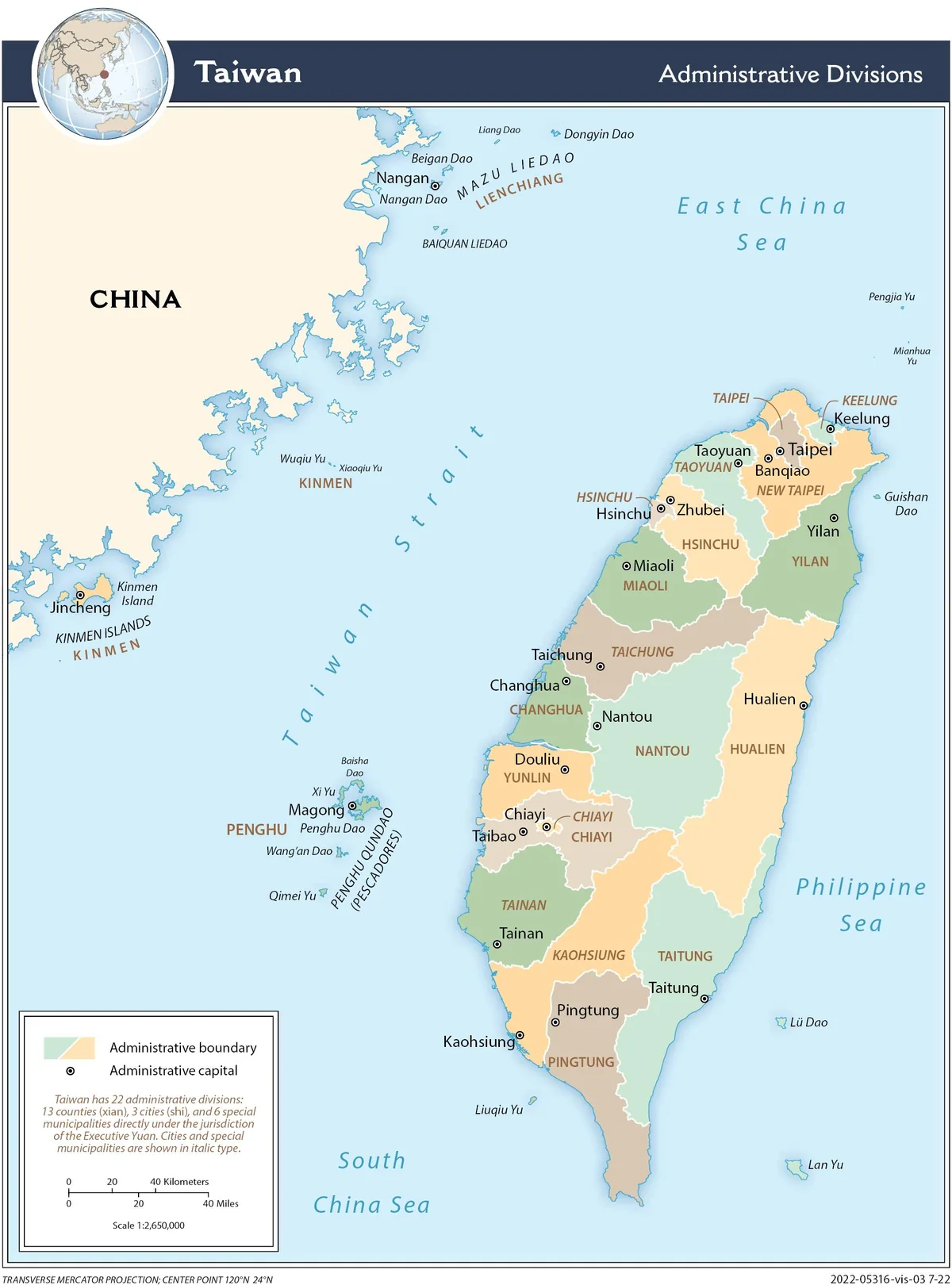 Mapa administrativo de Taiwán con Taipei, Nuevo Taipéi, Taoyuan, Taichung, Tainan, Kaohsiung, Penghu, Kinmen y Matsu