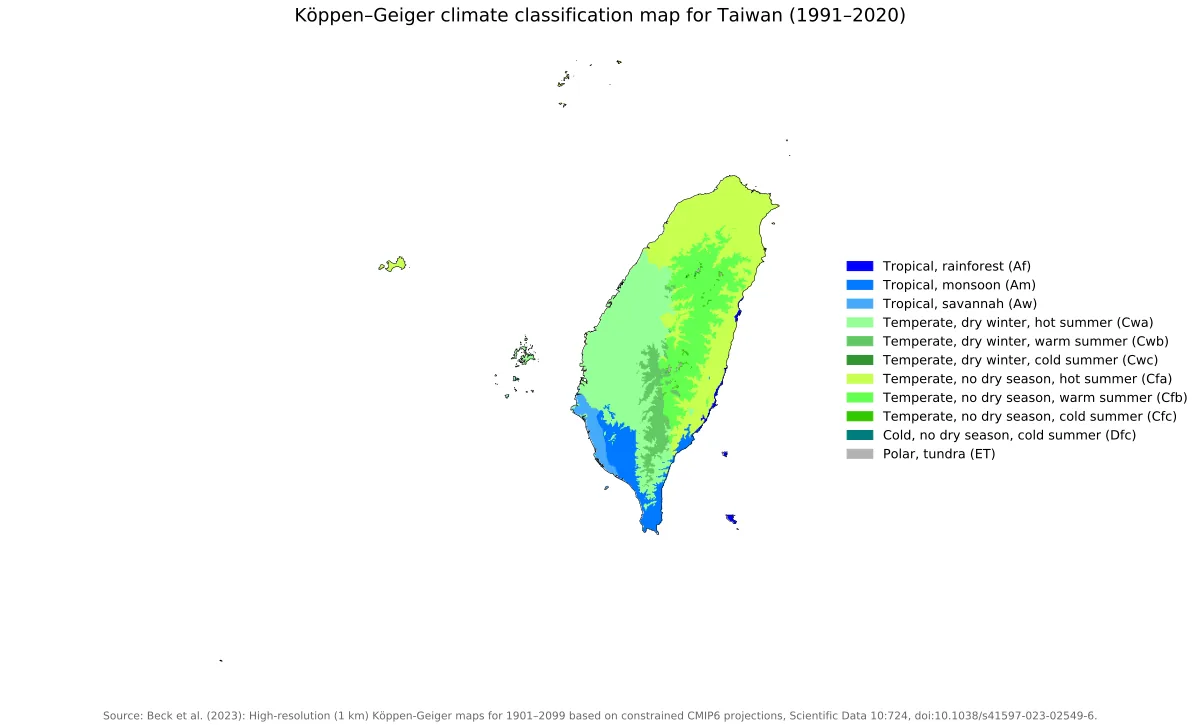 Mapa de Taiwán con clasificación climática Köppen-Geiger 1991-2020 y leyenda en inglés