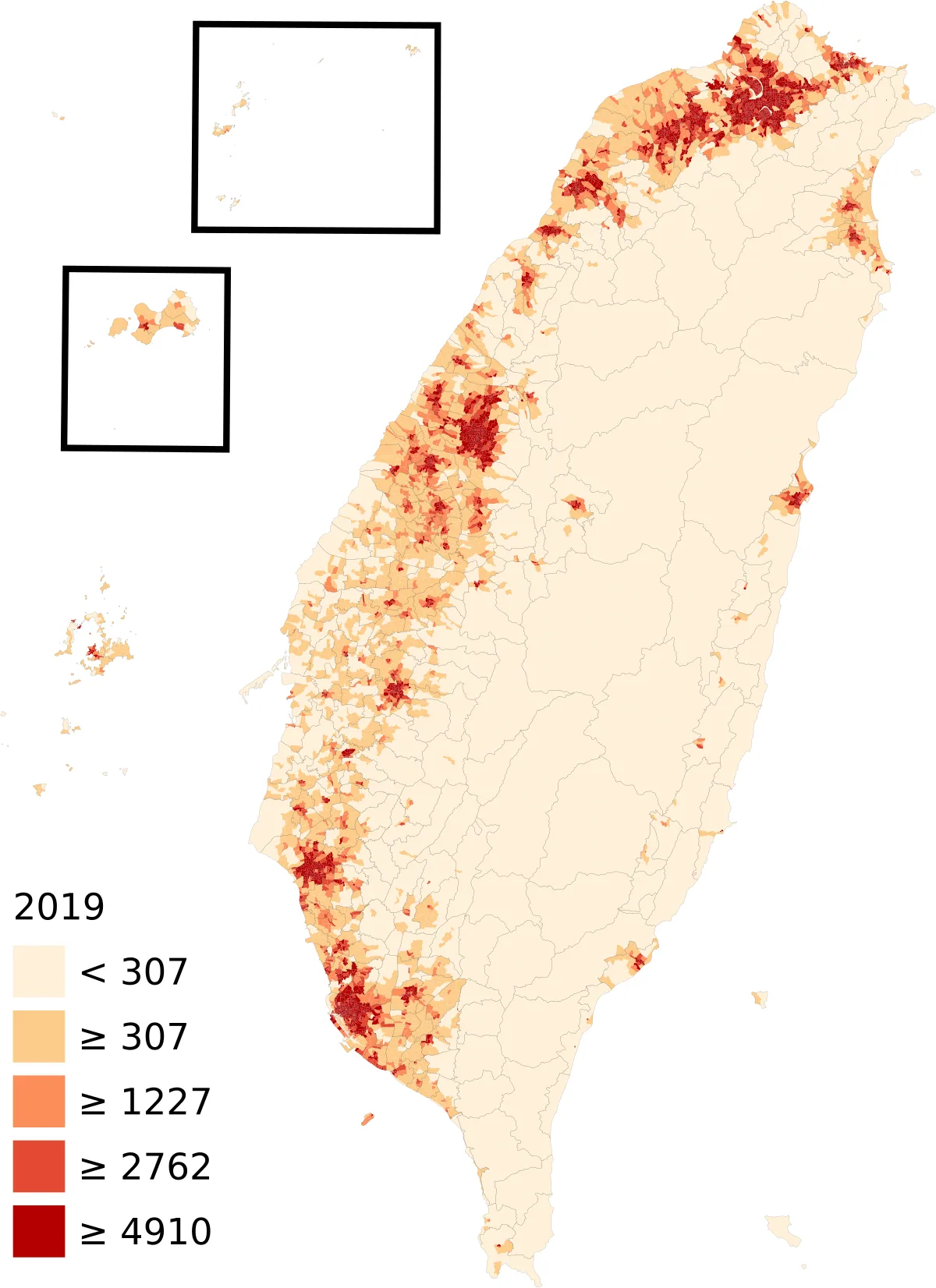 Mapa de densidad de población de Taiwán por aldeas en 2019, con concentración urbana en el norte y oeste