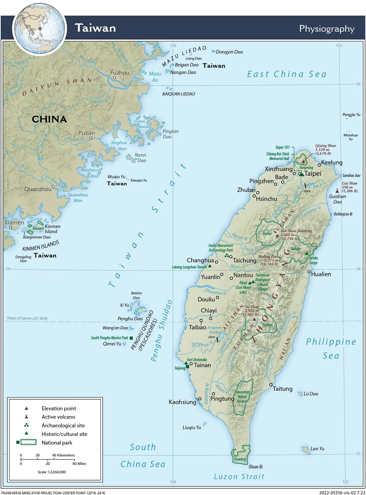 Mapa físico de Taiwán con relieve, cordilleras centrales, Yu Shan, Xueshan, ríos, parques nacionales y costas