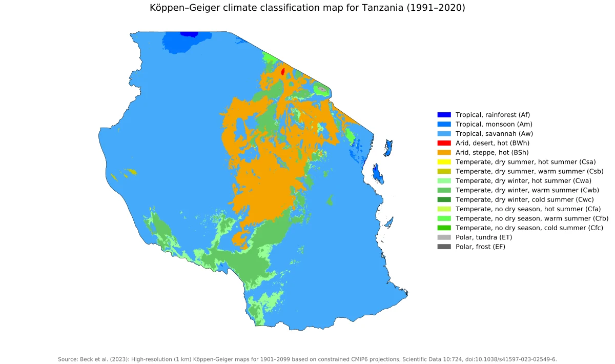 Mapa de clasificación climática Köppen-Geiger de Tanzania 1991-2020 con zonas tropicales, sabanas, áreas semiáridas y climas templados de montaña