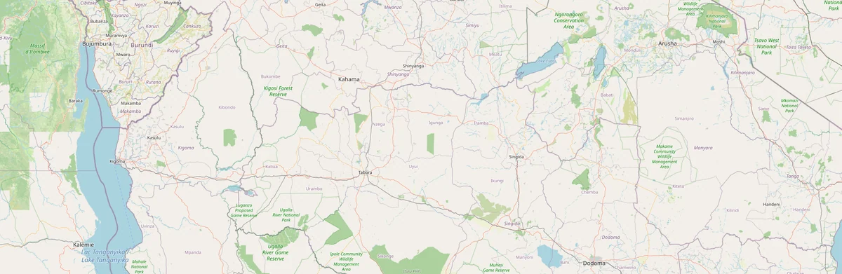 Mapa del corredor central de Tanzania desde Dar es Salaam hacia Morogoro, Dodoma, Singida, Tabora y Kigoma junto al lago Tanganica