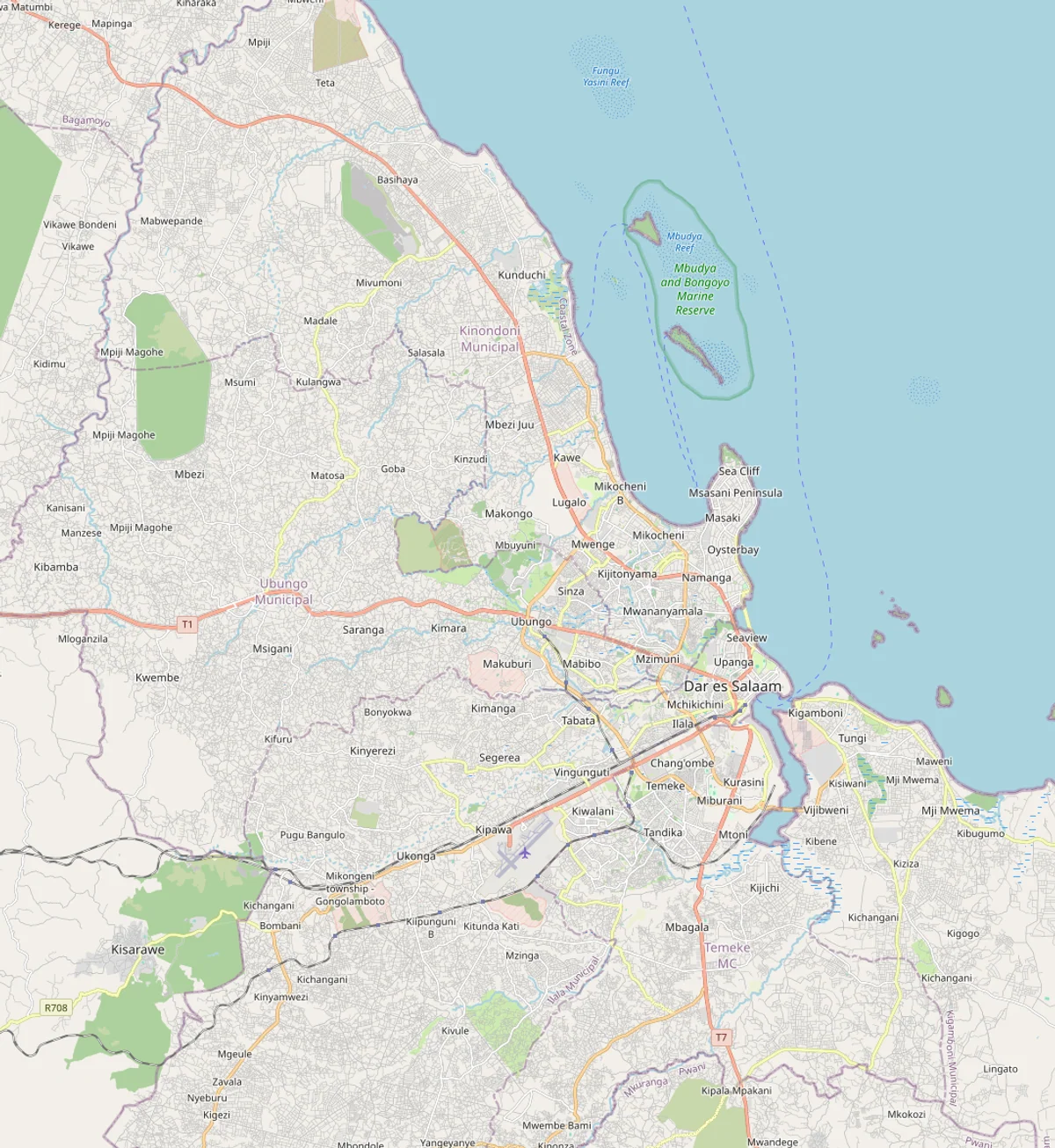 Mapa urbano de Dar es Salaam con el centro, el puerto, Kigamboni, aeropuerto Julius Nyerere, Msasani, Bagamoyo Road y conexiones principales