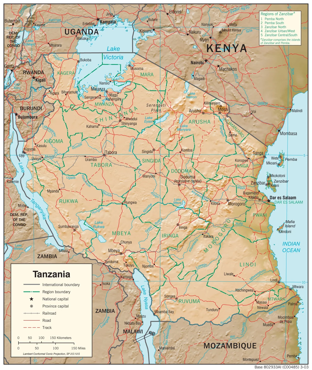 Mapa físico de Tanzania con relieve, Kilimanjaro, monte Meru, Rift, lago Victoria, lago Tanganica, lago Nyasa, ríos y países vecinos