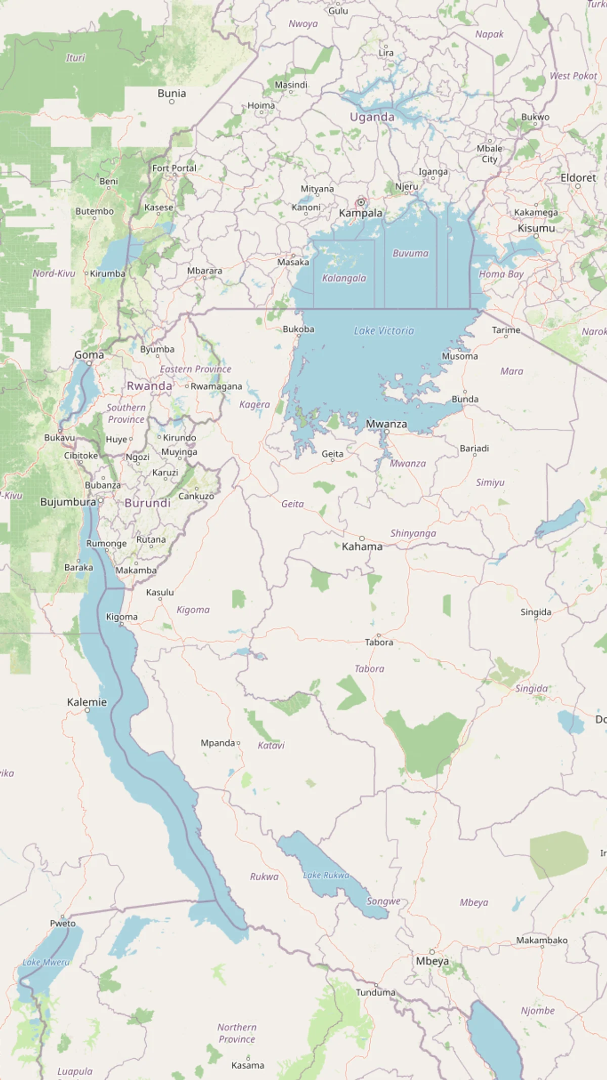 Mapa de Tanzania occidental y meridional con lago Victoria, lago Tanganica, lago Nyasa, Mwanza, Bukoba, Kigoma, Mbeya, Malawi, Zambia, Burundi, Ruanda y Uganda
