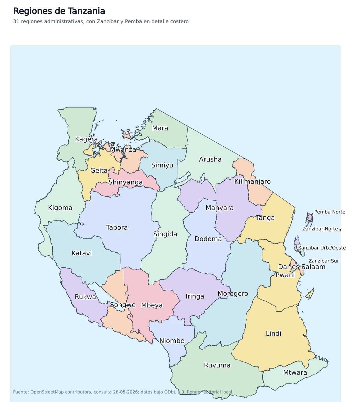 Mapa administrativo de Tanzania con sus 31 regiones, incluidas Dar es Salaam, Dodoma, Arusha, Kilimanjaro, Mwanza, Mbeya, Songwe, Zanzíbar y Pemba