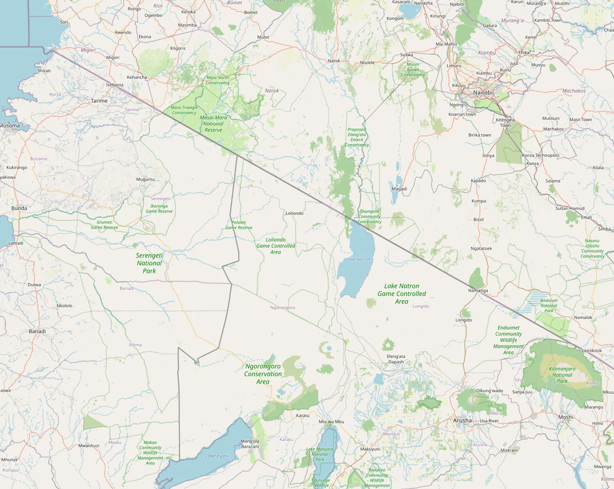 Mapa del norte de Tanzania con Serengeti, Ngorongoro, lago Manyara, Tarangire, Arusha, Moshi, Kilimanjaro, lago Natron y frontera con Kenia
