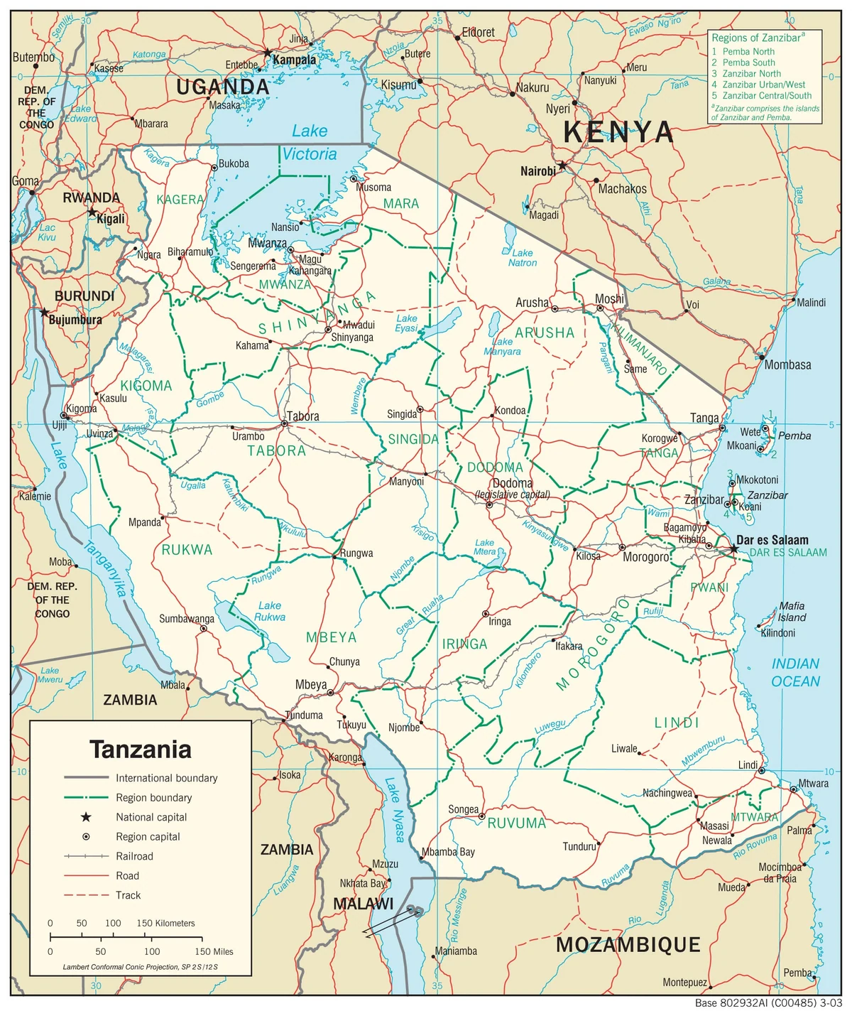 Mapa de transporte de Tanzania con carreteras, ferrocarriles, aeropuertos, Dar es Salaam, Tanga, Mtwara, Dodoma, Tabora, Mwanza, Mbeya y Kigoma