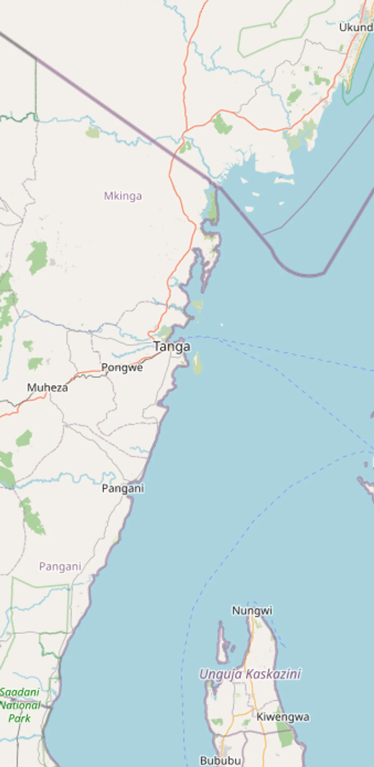Mapa de las islas de Zanzíbar y Pemba con Unguja, Stone Town, Chake Chake, Wete, Mkoani, canal de Zanzíbar y costa continental de Tanzania