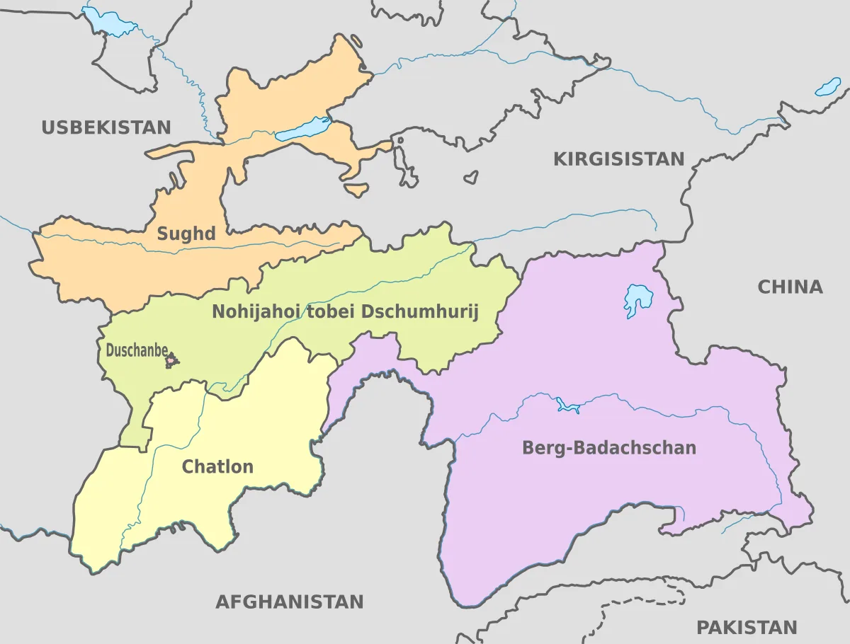 Mapa administrativo de Tayikistán con Sughd, Khatlon, Dushanbé, distritos de subordinación republicana y Gorno-Badakhshan