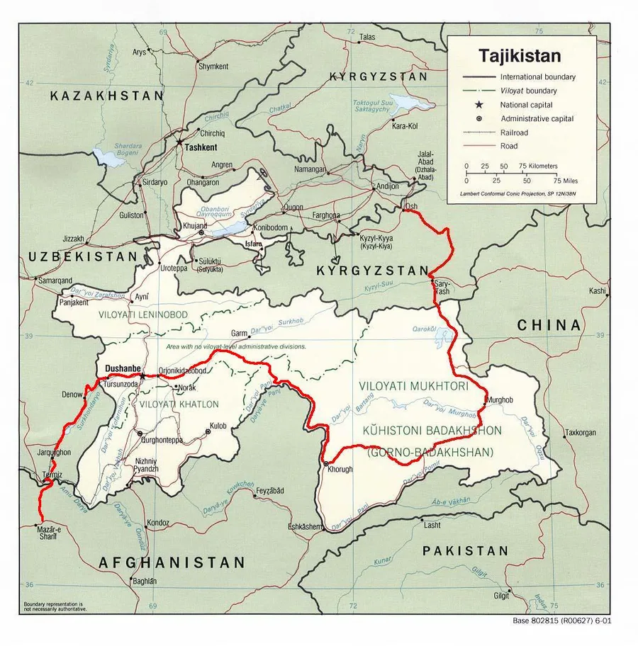 Mapa de la ruta de la carretera del Pamir por Tayikistán desde Dushanbé hacia Khorugh, Murghab y Kirguistán, con conexión hacia Uzbekistán