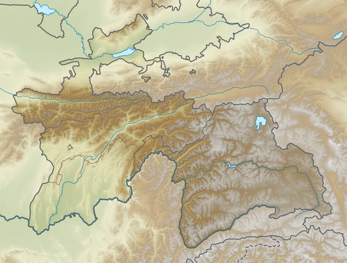 Mapa físico de Tayikistán con relieve del Pamir, montañas del centro, valles de Khatlon y Sughd, ríos Panj, Vakhsh y Zeravshan