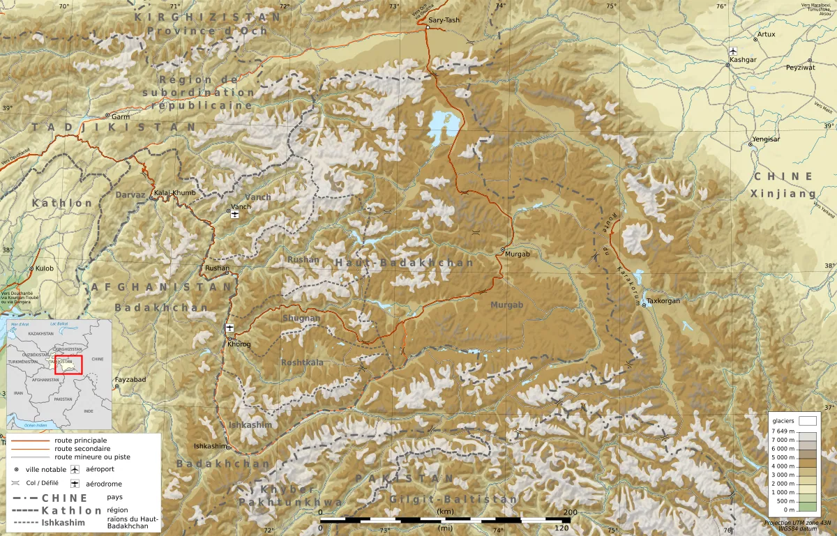 Mapa topográfico del Pamir con Gorno-Badakhshan, Khorugh, Murghab, Ishkashim, Darvaz, Rushan, Vanj y fronteras con Afganistán, Kirguistán, China y Pakistán