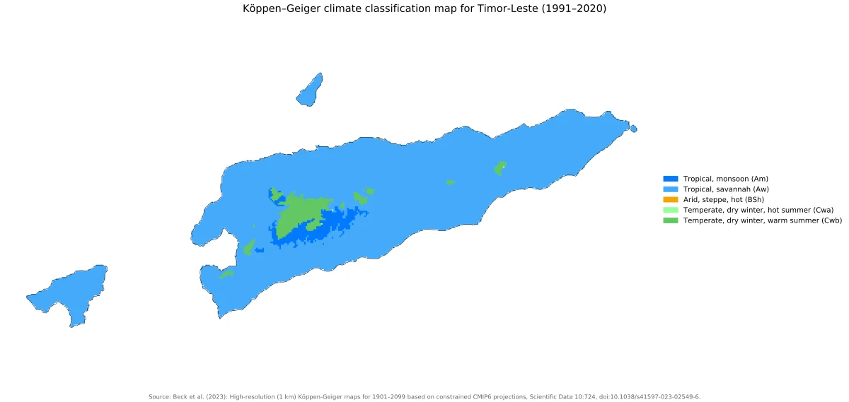Mapa de climas de Timor Oriental según Köppen-Geiger 1991-2020 con predominio tropical de sabana, zonas monzónicas, áreas esteparias cálidas y climas templados de montaña