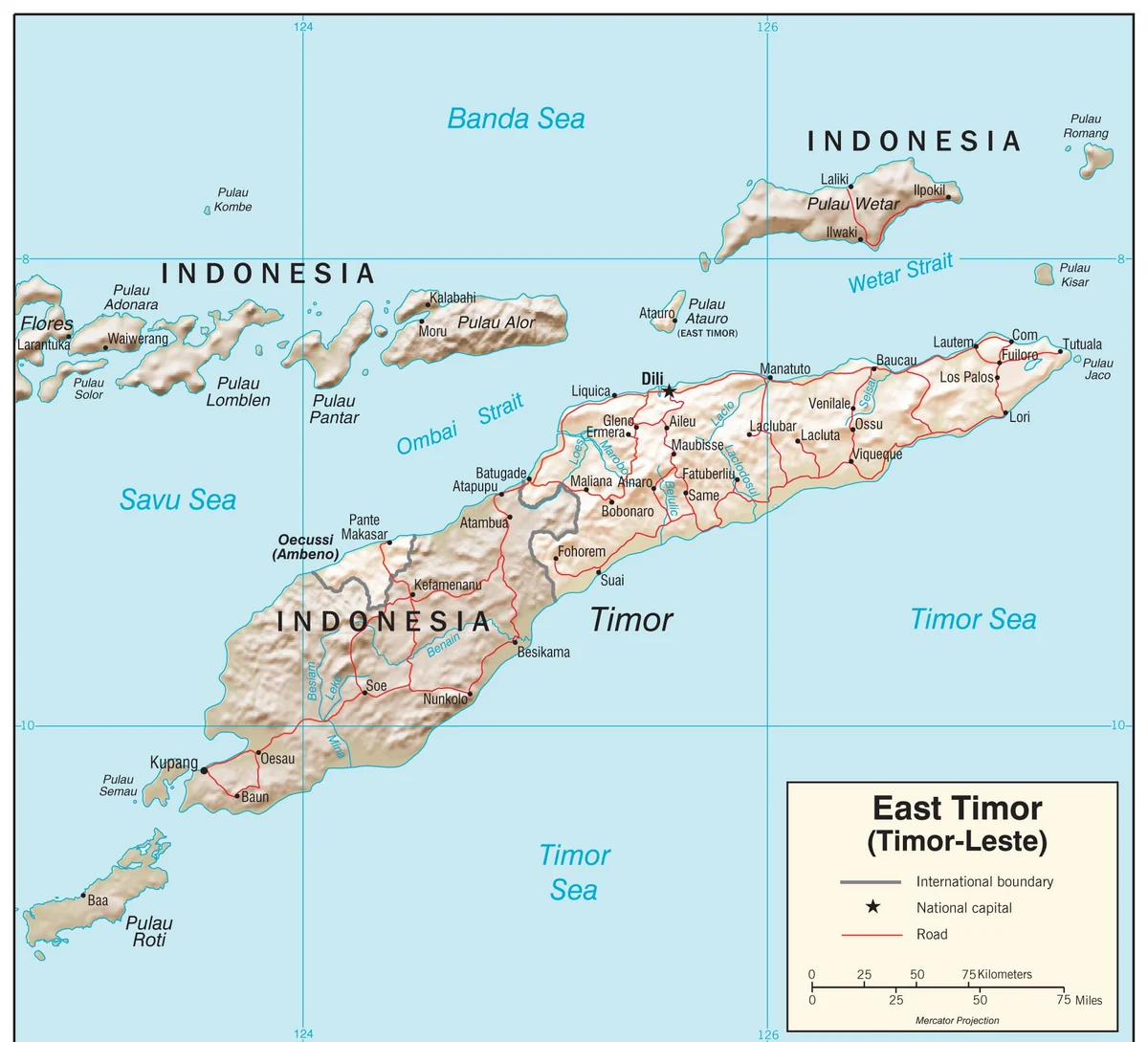 Mapa físico de Timor Oriental con relieve, Dili, Oecusse, Ataúro, Jaco, Baucau, Lautém, Timor indonesio, Alor, Wetar, Roti, mar de Banda, mar de Savu y mar de Timor