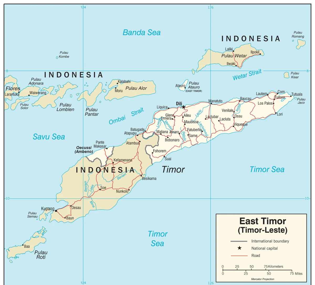 Mapa de transporte de Timor Oriental con carreteras, Dili, Liquiçá, Baucau, Lautém, Los Palos, Viqueque, Same, Suai, Maliana, Oecusse, Ataúro y Jaco