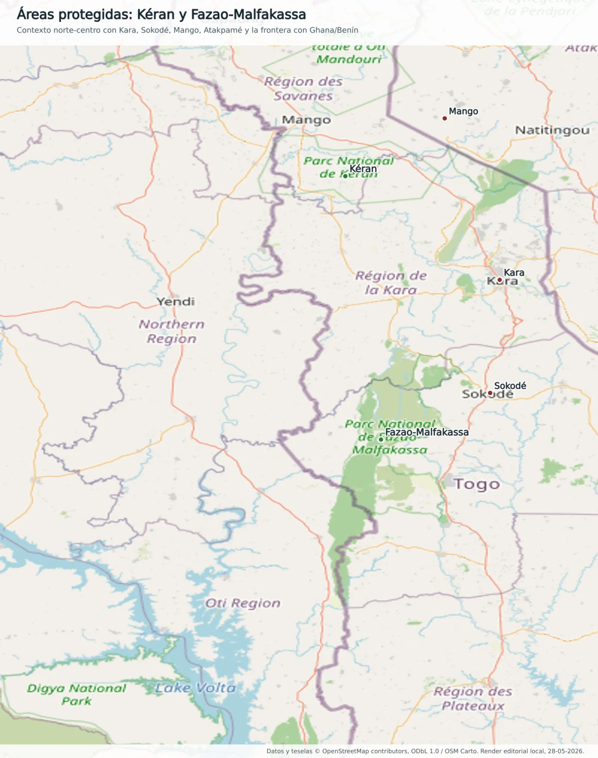 Mapa OpenStreetMap de áreas protegidas de Togo con Kéran, Fazao-Malfakassa, Kara, Sokodé, Mango, Ghana y Benín