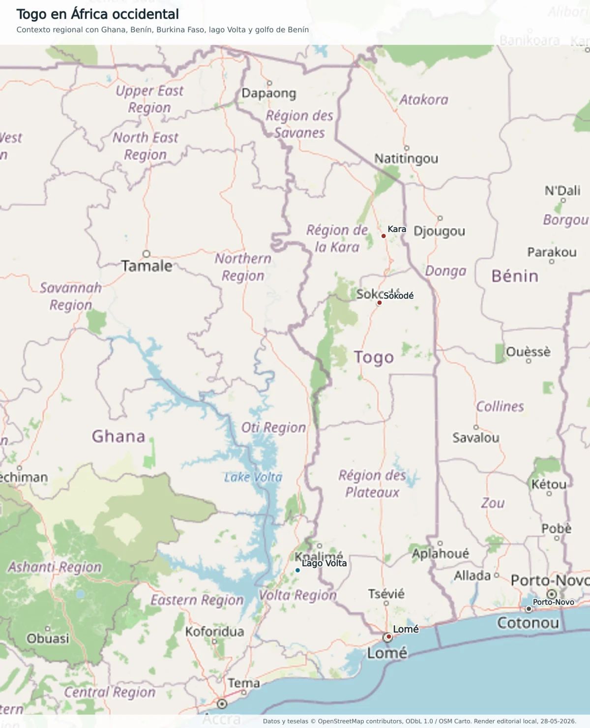 Mapa regional de Togo con Ghana, Benín, Burkina Faso, lago Volta, Lomé, Kara, Sokodé, Cotonú, Porto-Novo y golfo de Benín