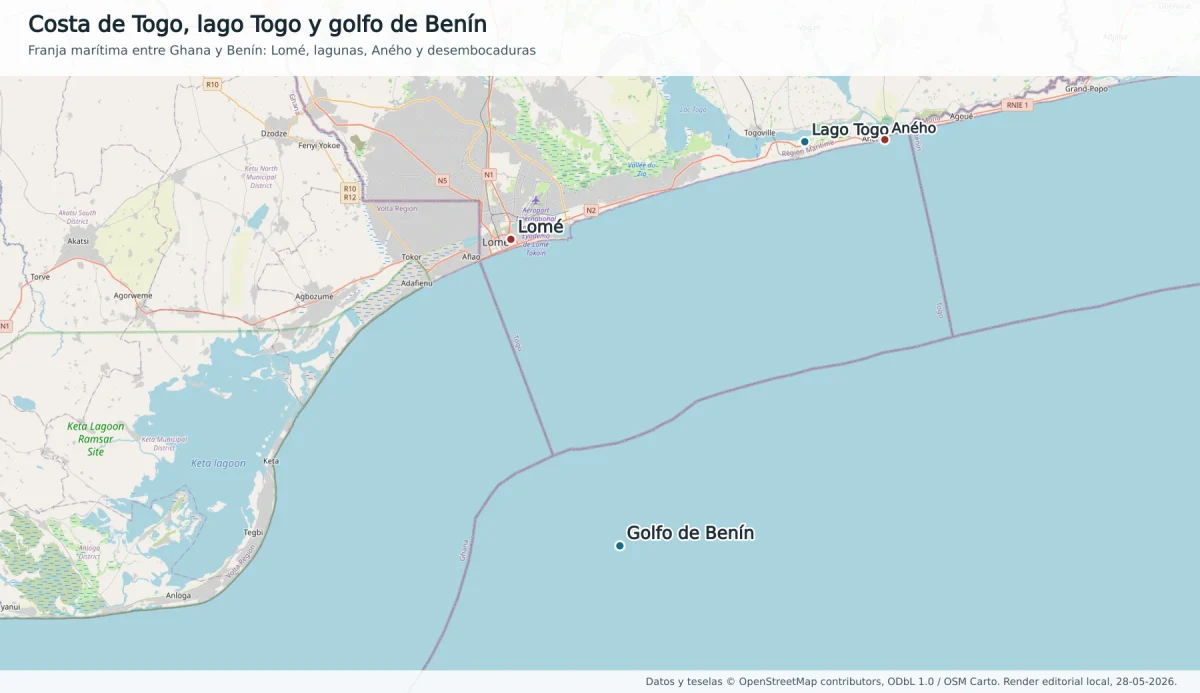 Mapa OpenStreetMap de la costa de Togo con Lomé, lago Togo, Aného, golfo de Benín, Ghana y Benín