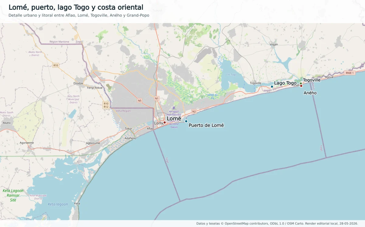 Mapa OpenStreetMap de Lomé, el puerto de Lomé, Aflao, lago Togo, Togoville, Aného y Grand-Popo