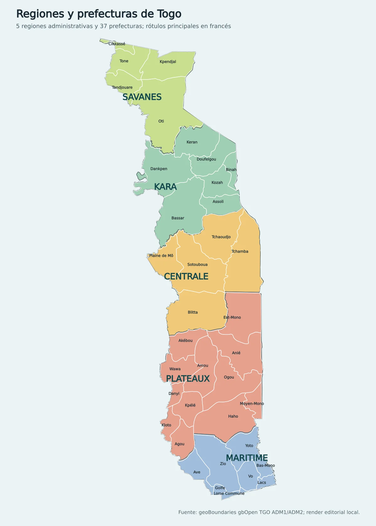 Mapa administrativo de Togo con las regiones Savanes, Kara, Centrale, Plateaux y Maritime y sus prefecturas