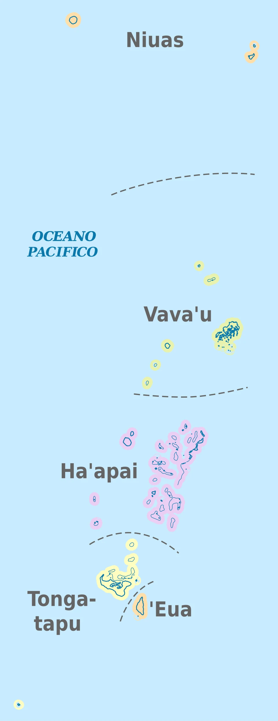 Mapa de las divisiones administrativas de Tonga con Niuas, Vava'u, Ha'apai, Tongatapu y 'Eua en el océano Pacífico
