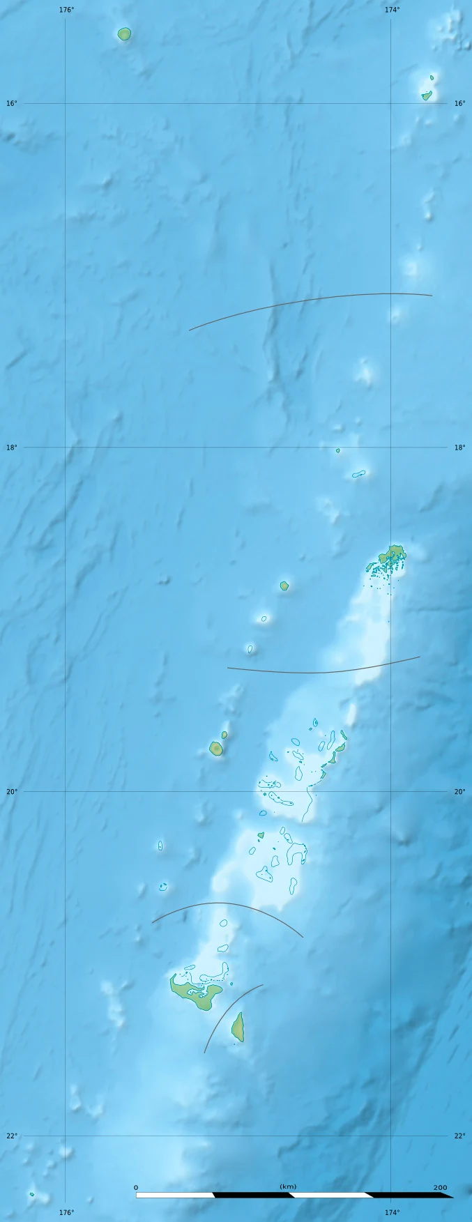 Mapa físico de Tonga con relieve submarino, islas de Niuas, Vava'u, Ha'apai, Tongatapu y 'Eua y batimetría del Pacífico